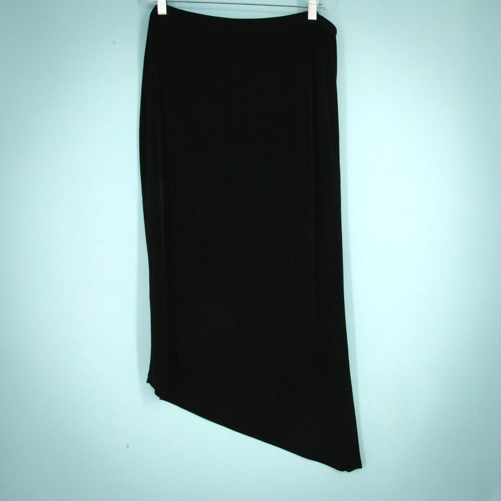Chico's 3 Size XL Black Travelers Asymmetrical Pull On Stretch Midi Knit Skirt